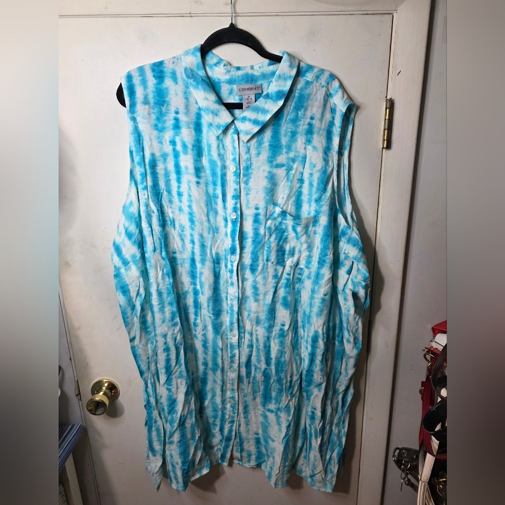 NWT Catherines Blue White Tie Dye Sleeveless Button Down Blouse Plus Size 4X
